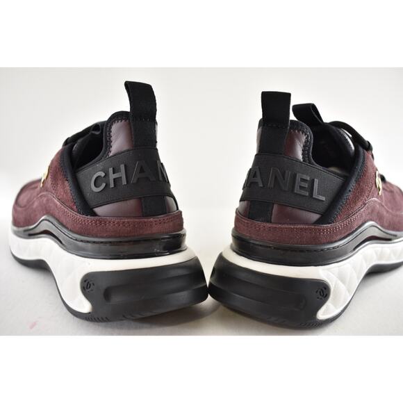 Chanel 23K Burgundy Purple Black White CC Logo Lace Low Top Trainer Sneaker 37